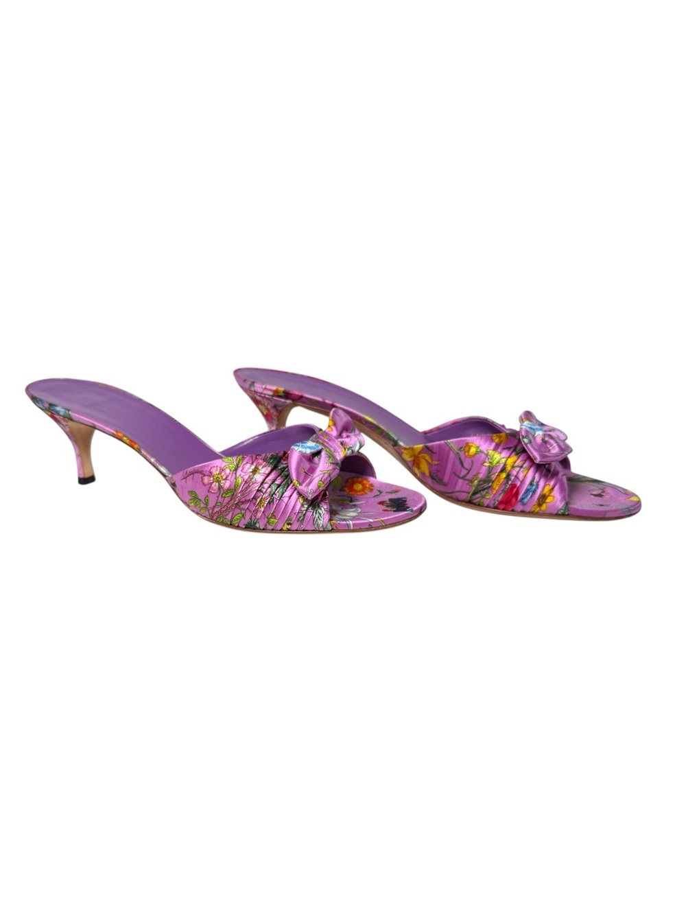 Gucci Flora Satin Bow Mule Heels Purple Slide Sandals 9